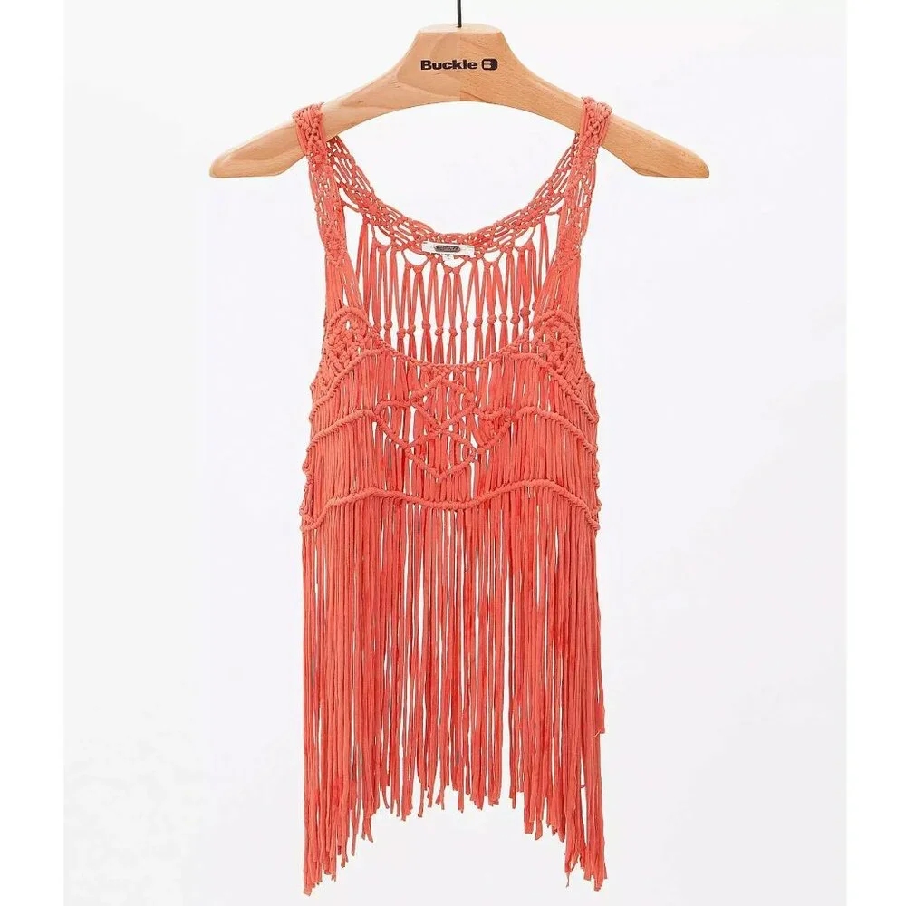 MISS ME Coral Macrame Crochet Fringe Boho Festival Tank Top Size Small - Picture 7 of 8